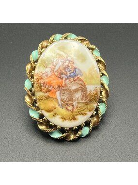Vintage Fragonard Porcelain Brooch Courting Couple // Gold & Blue w/Gold Border